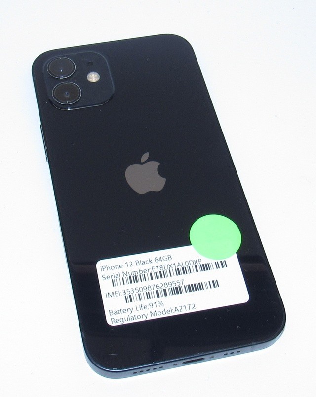 Apple iPhone 12 – 64GB – Black – A2172- UNLOCKED – Battery Health 91%
