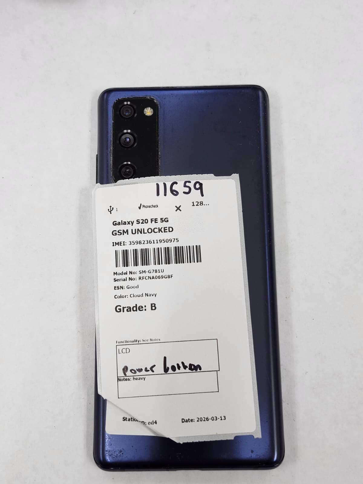 DEFECTIVE – Samsung Galaxy S20 FE 5G – 128GB Cloud Navy – GSM Unlocked – 11659