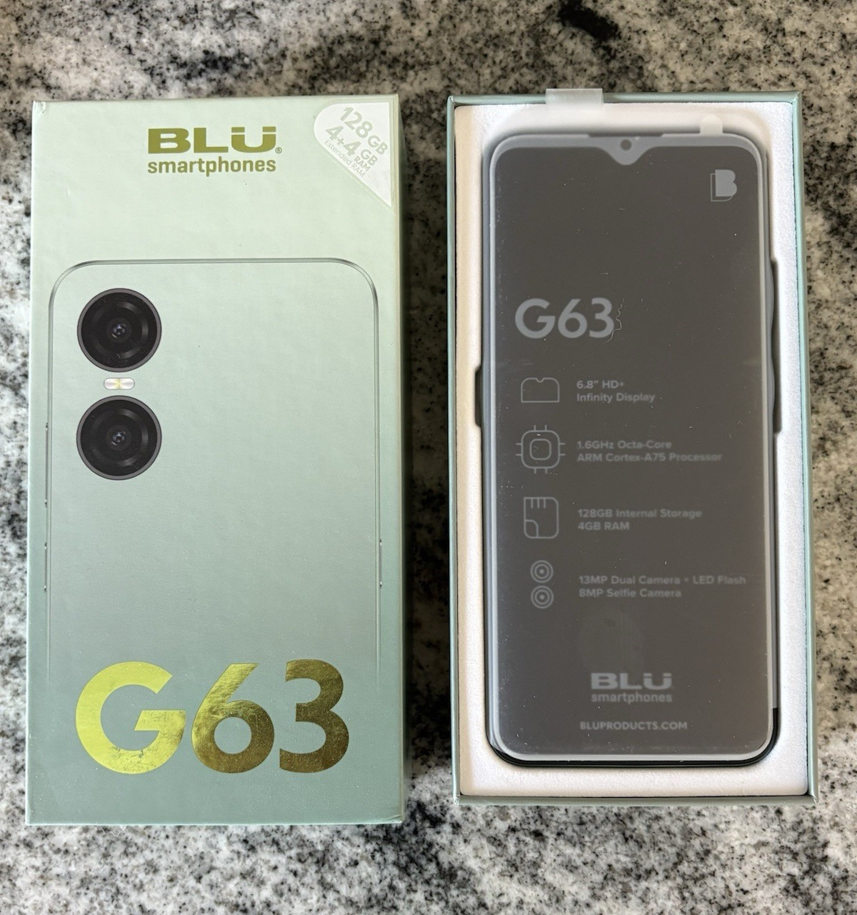 BLU G63 128GB 4GB RAM 6.8in Android 13 13MP Dual Camera FP Green
