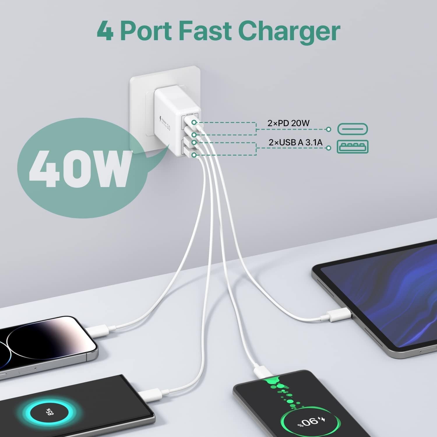 USB C Wall Charger, 40W 4-Port Fast Charging Block Dual Port PD+QC Wall Plug