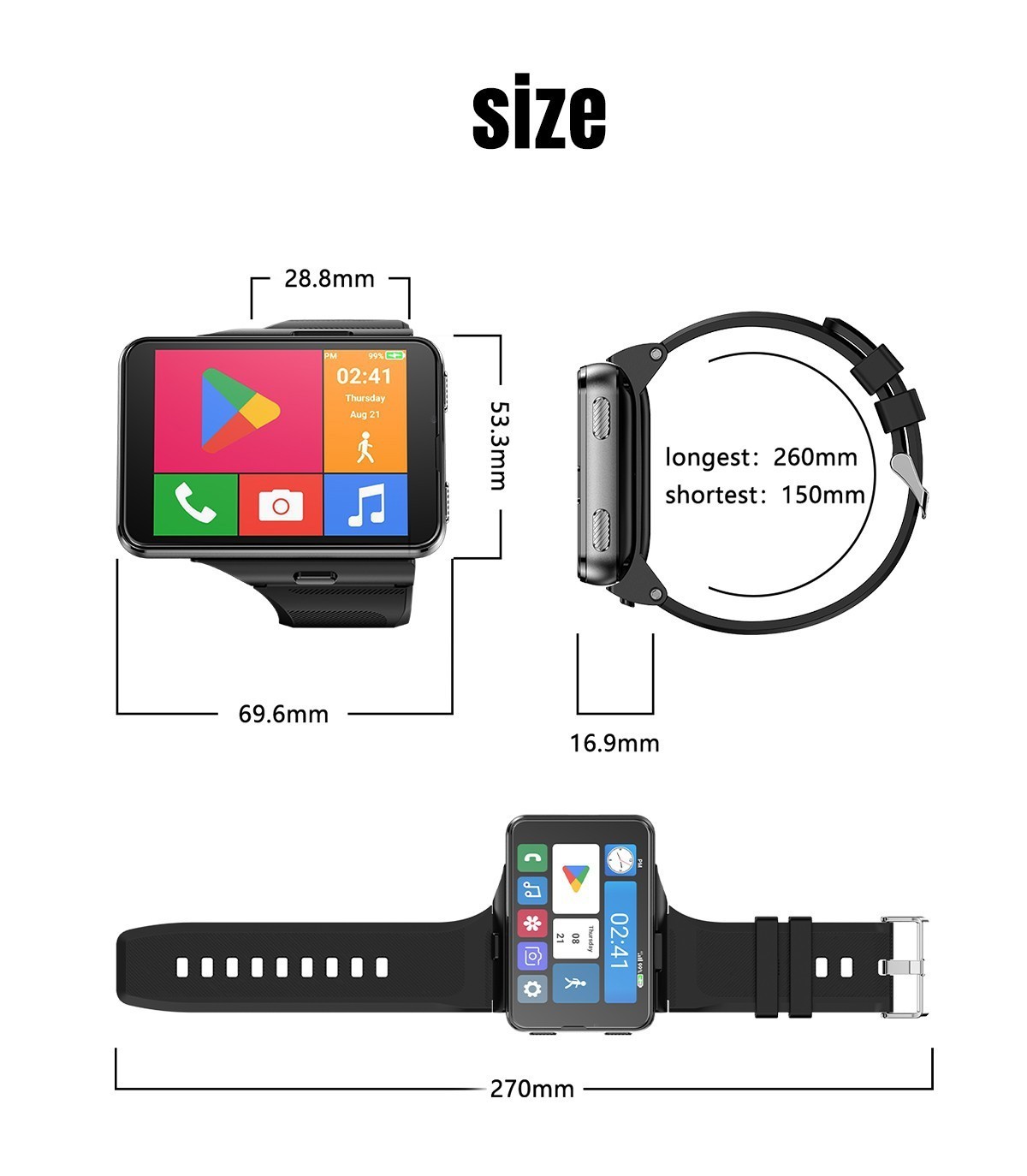 2.88″ Larger Screen 4G Smart Watch Android 11 Dual Camera WIFI GPS SIM Support