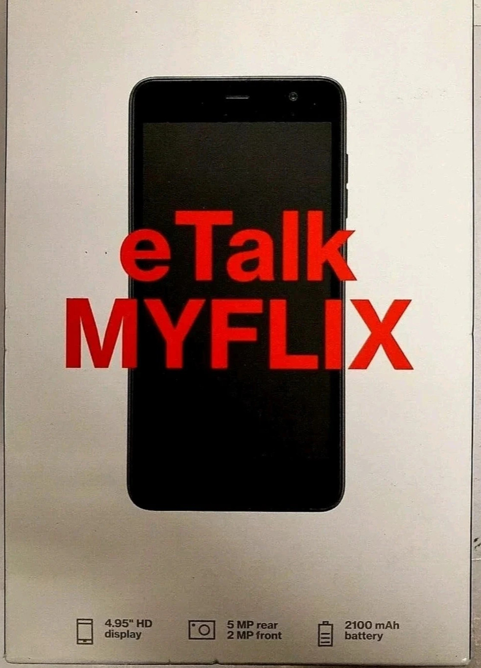Verizon eTalk MYFLIX Prepaid Smartphone 4.95″ HD Display Black 5MP Brand New