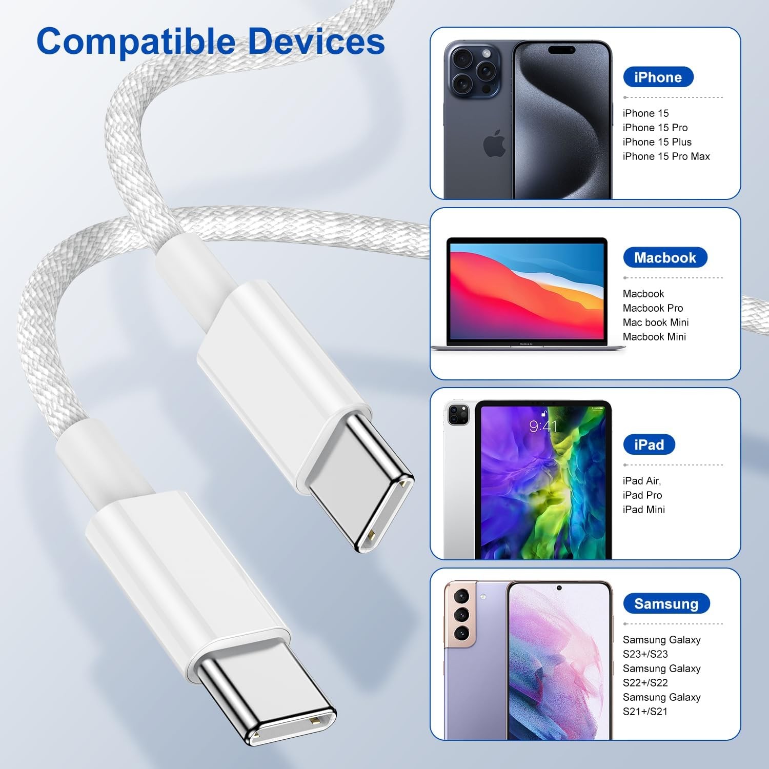 2-Pack 3ft Nylon Braided Type C Fast Charging Cable for iPhone 15/17 and More