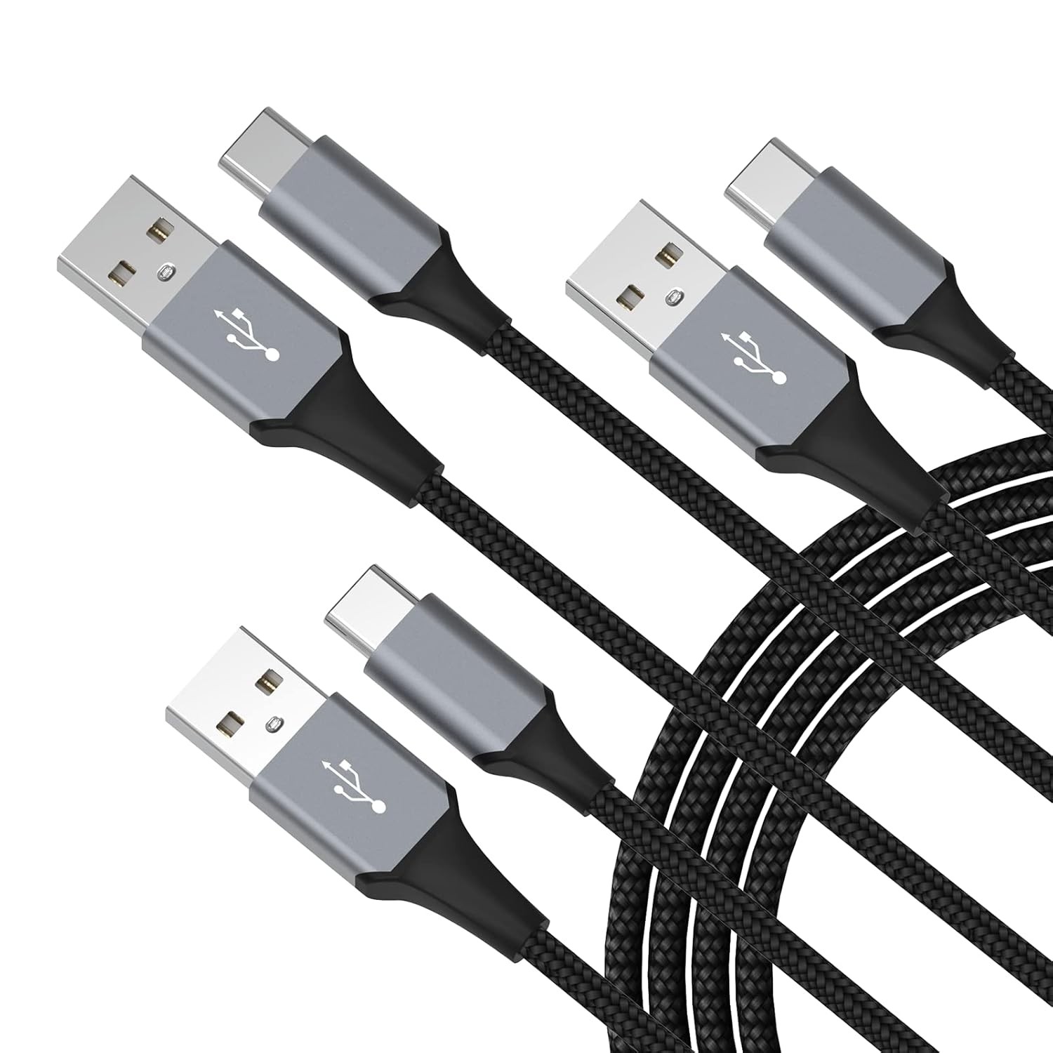 USB-C Cable 3-Pack (3ft/6ft/6ft), USB A to USB-C Fast Charging Cord, Nylon Braid