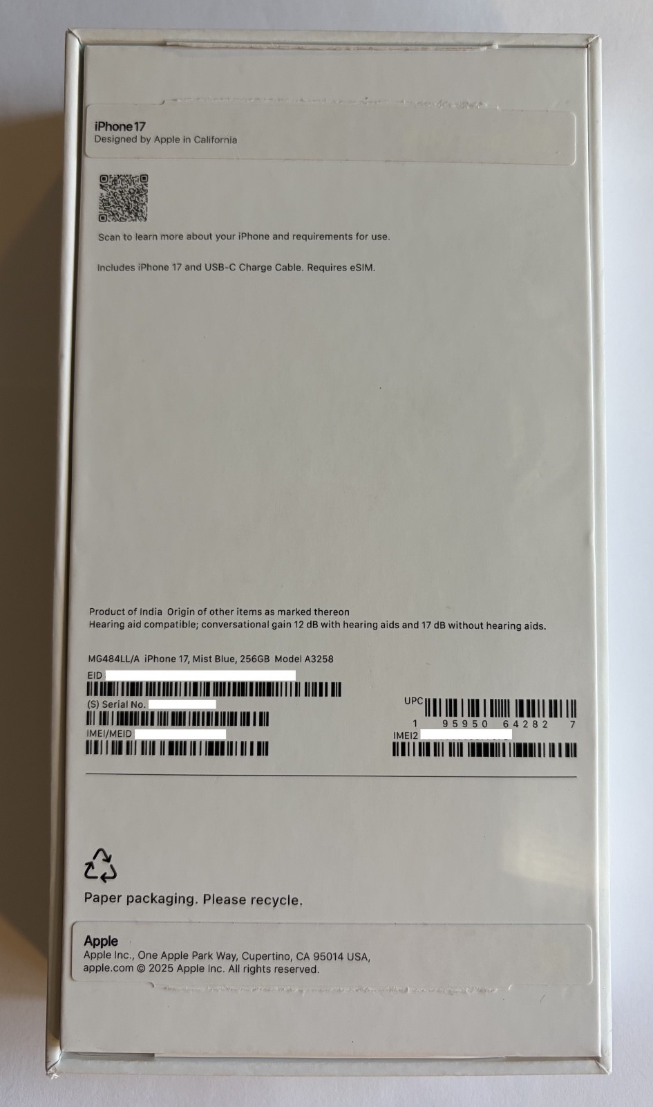 Apple iPhone 17 256GB Mist Blue Factory Unlocked A3258 5G mmWave New Box iOS 26