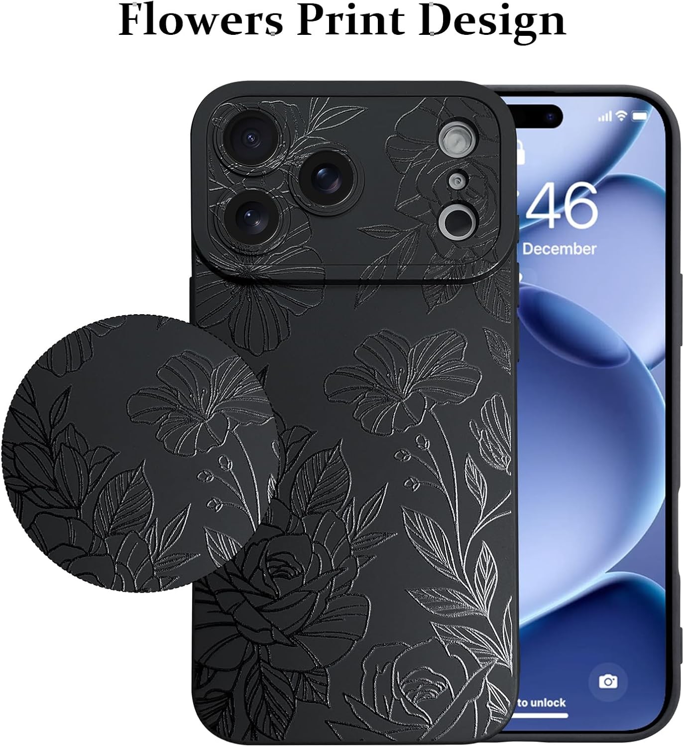Case for iPhone 17 Pro Max Black Floral Flower Pattern Print Design Soft TPU Cov
