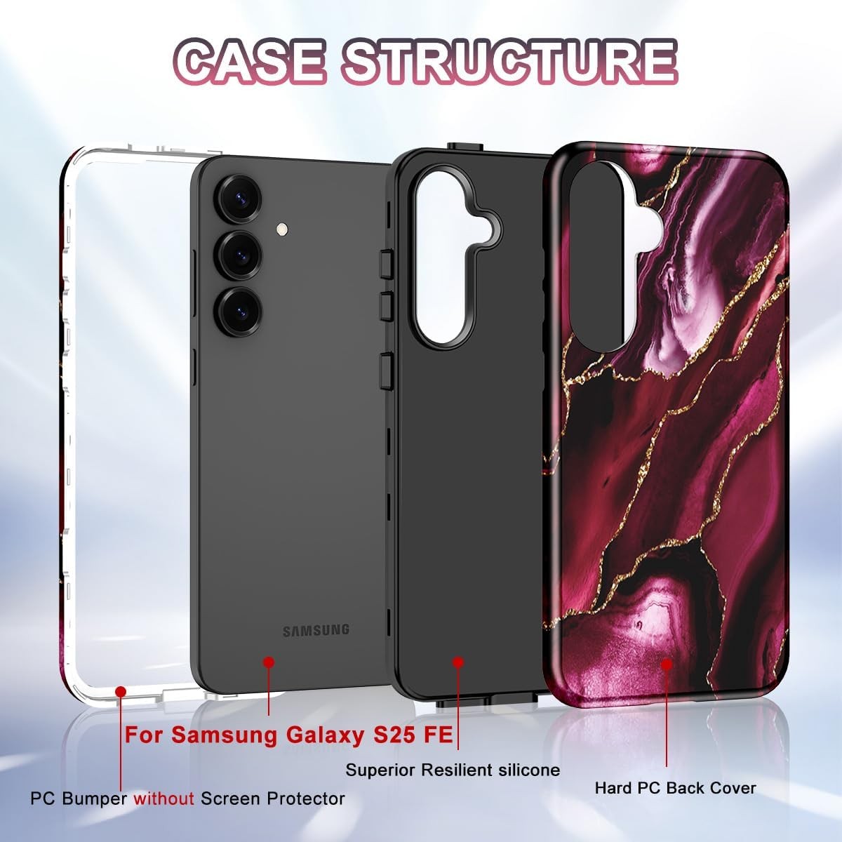 Burgundy Red Marble Pattern Case for Samsung Galaxy S25 FE, 3 in 1 Shockproof De