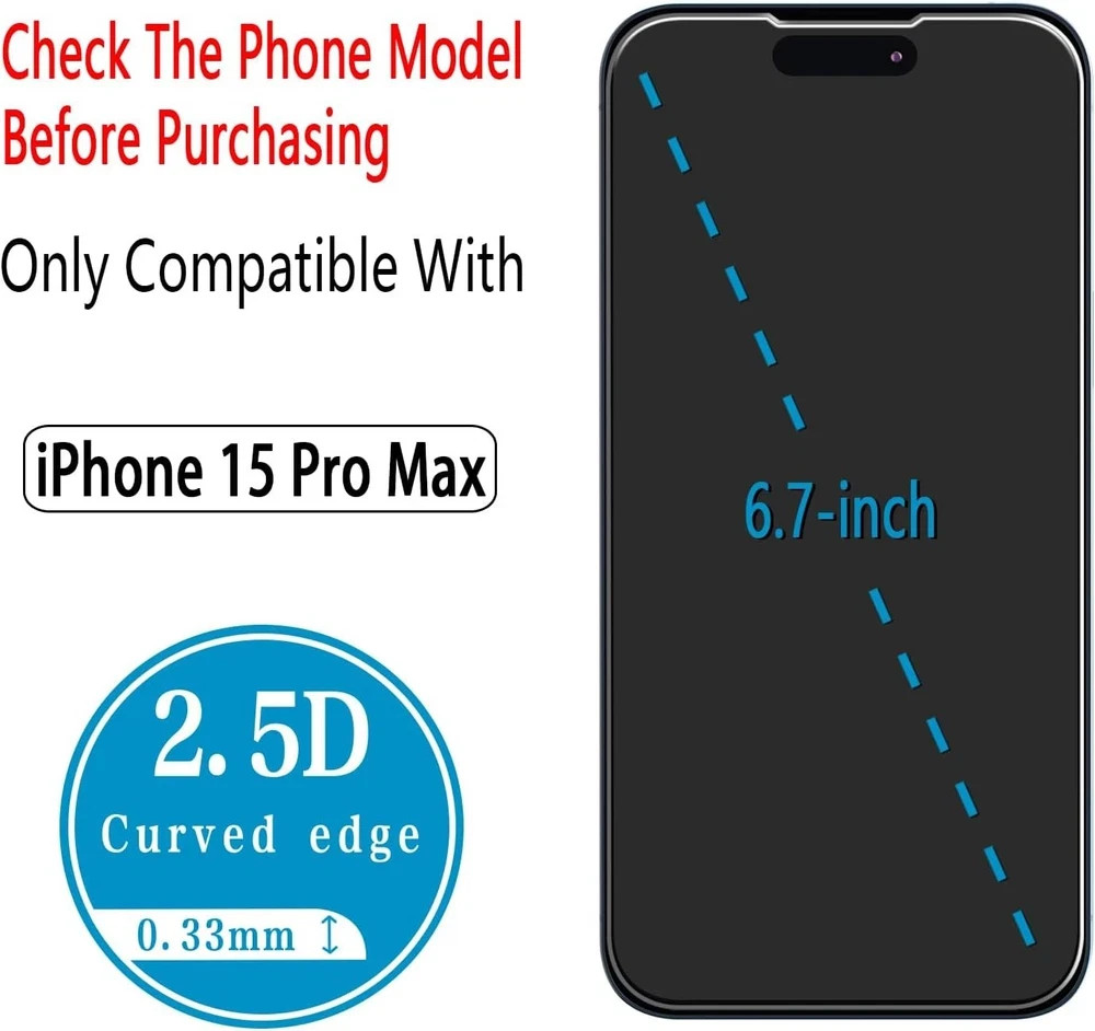 2PCS Screen Protector for iPhone 15 Pro Max 6.7 Inch Tempered Glass Anti Scratch