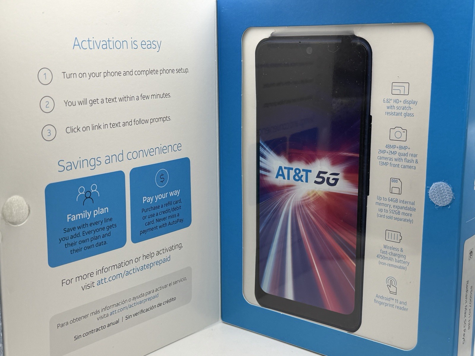 AT&T Radiant Max 5G EA211001 64GB Electric Blue Android 11 Prepaid New