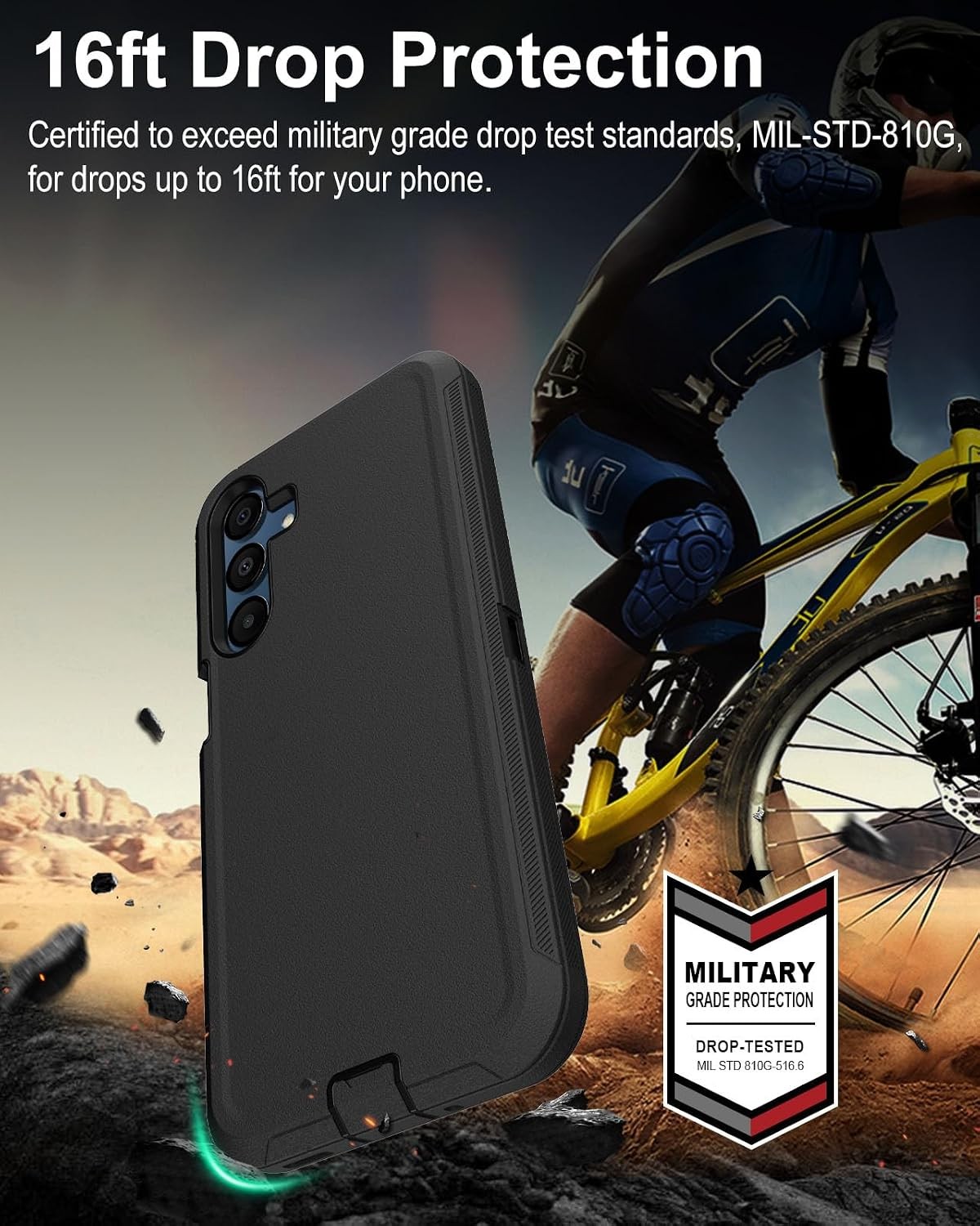 3-Layer Black Phone Case for Samsung Galaxy A16 5G, 16ft Drop Protection