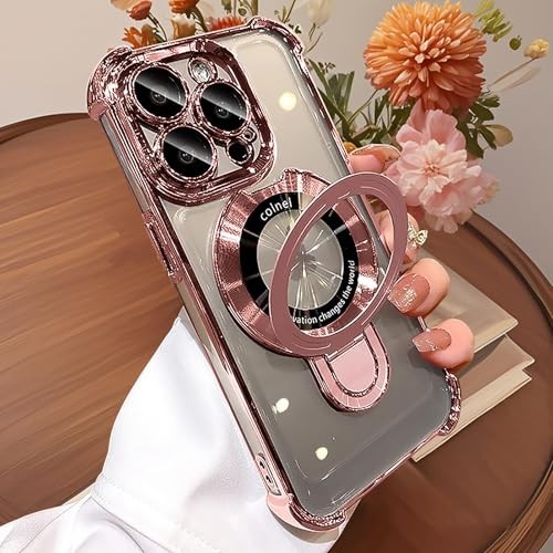 Pink Shockproof Silicone Case for iPhone 16 Pro Max with Magnetic Ring Kickstand