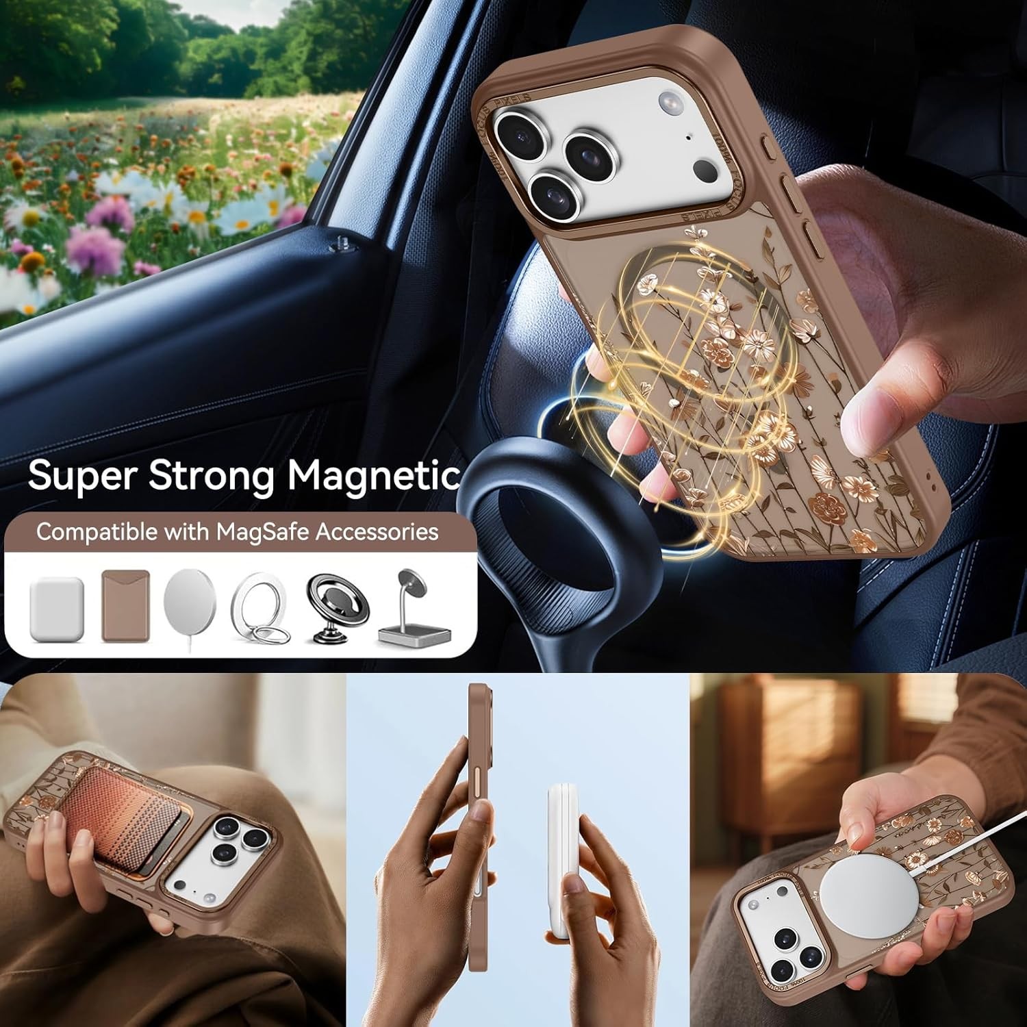 iPhone 17 Pro Max Case, Magnetic Slim Fit Flowers Floral Design Shockproof Cover