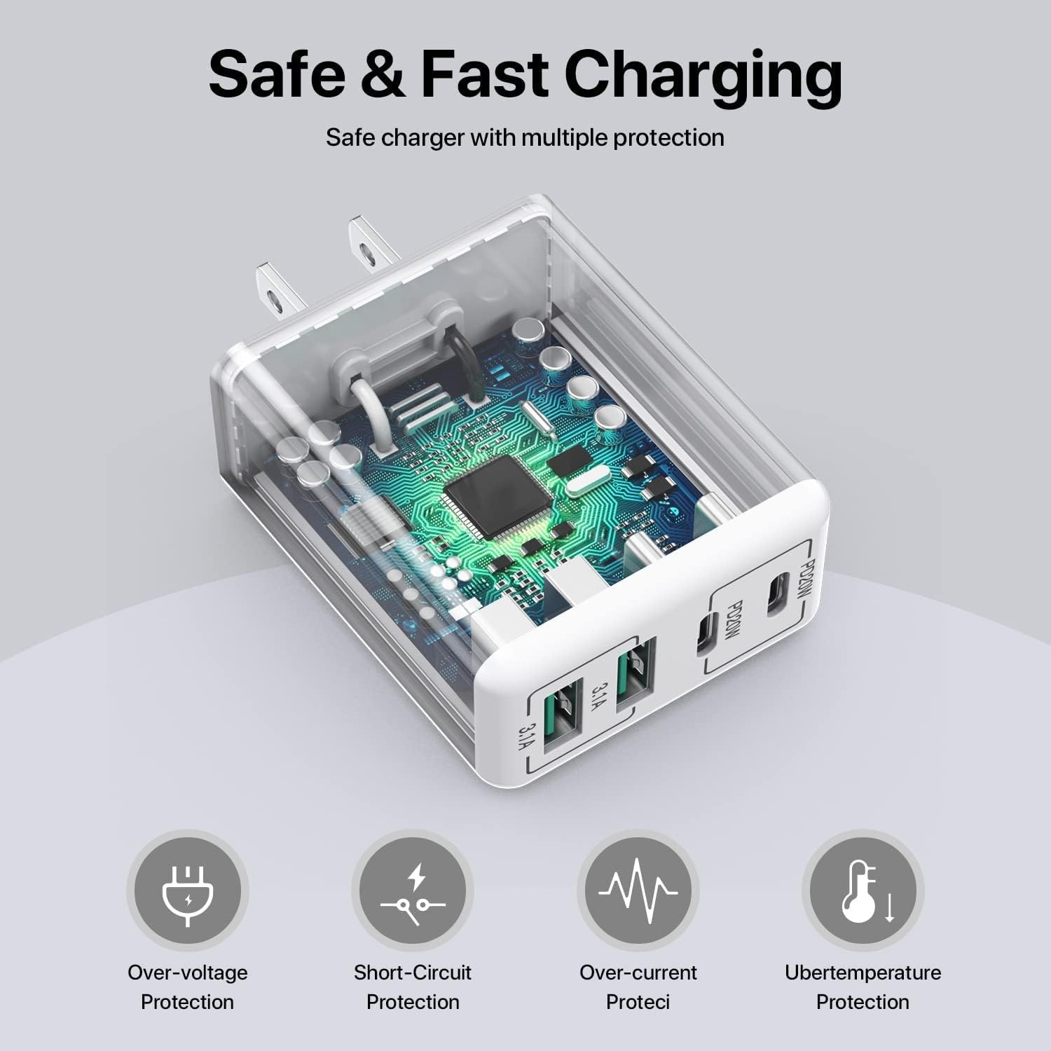 USB C Wall Charger, 40W 4-Port Fast Charging Block Dual Port PD+QC Wall Plug