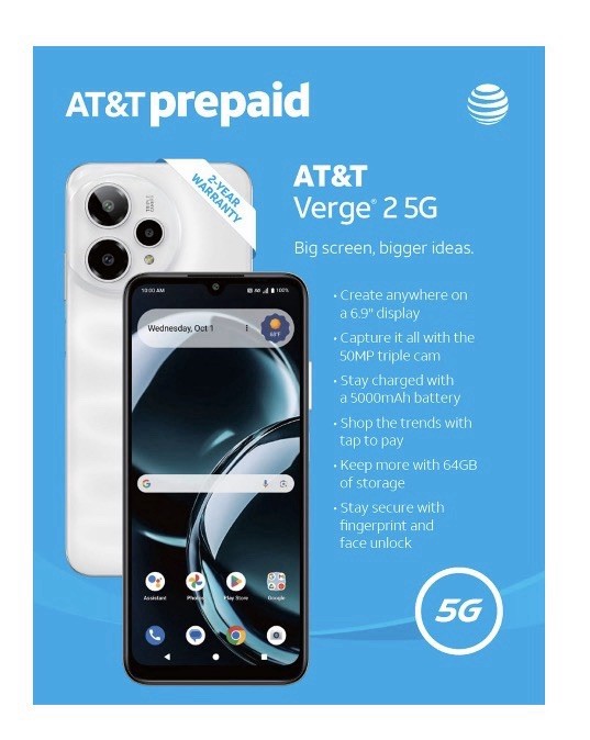 AT&T Verge 2 5G Smartphone White 64GB Dual SIM Triple Camera 50MP AT&T Prepaid