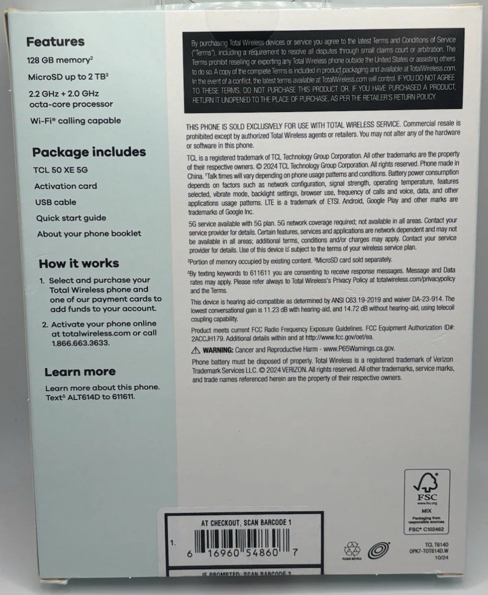 Total Wireless TCL 50 XE 5G Smartphone 6.56″ HD Display 50MP Camera 128GB New