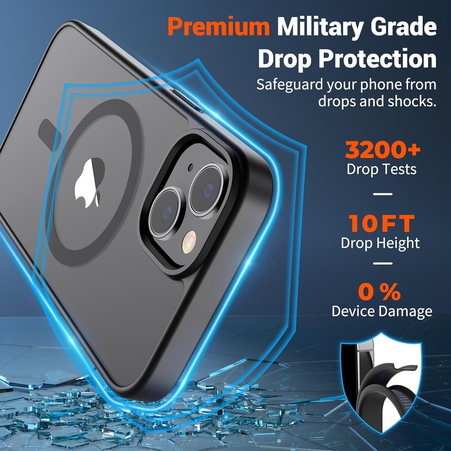 Translucent Matte Shockproof Magnetic Case for iPhone 14 & 13, Black, Military G