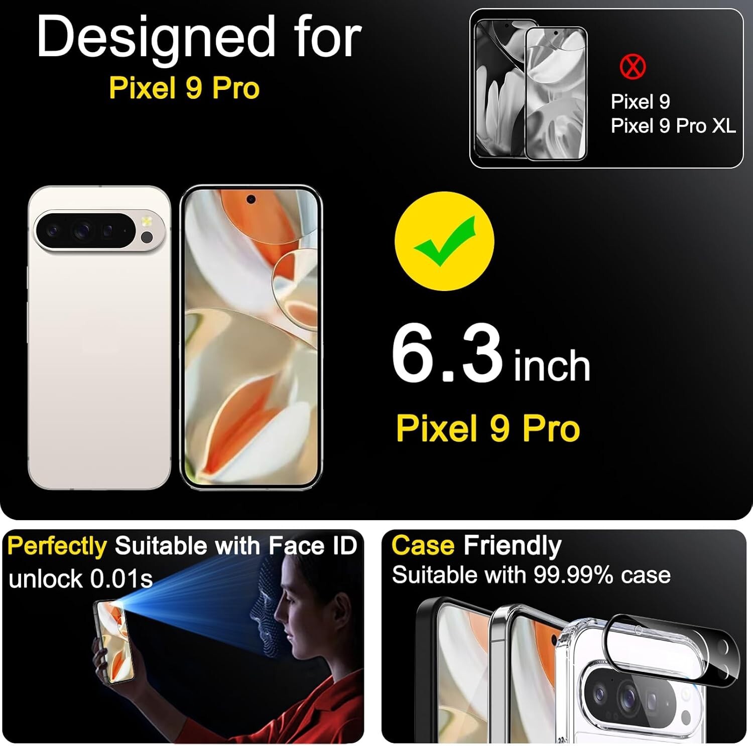 4in1 for Google Pixel 9 pro Tempered Glass 3 Screen Protector + 3 Camera Lens