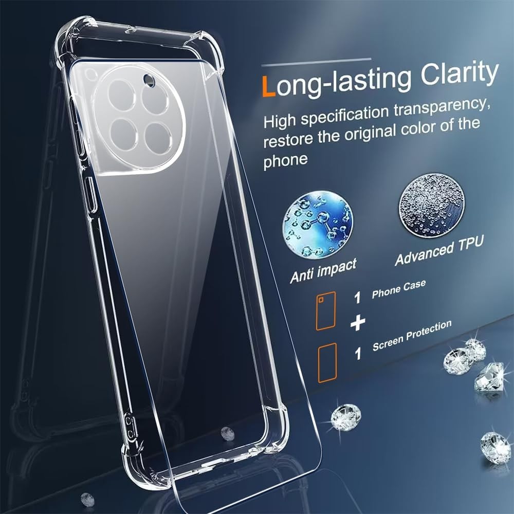 Case & Glass Screen Protector for OnePlus 12R 5G 360° Rotatable Ring Holder Clea
