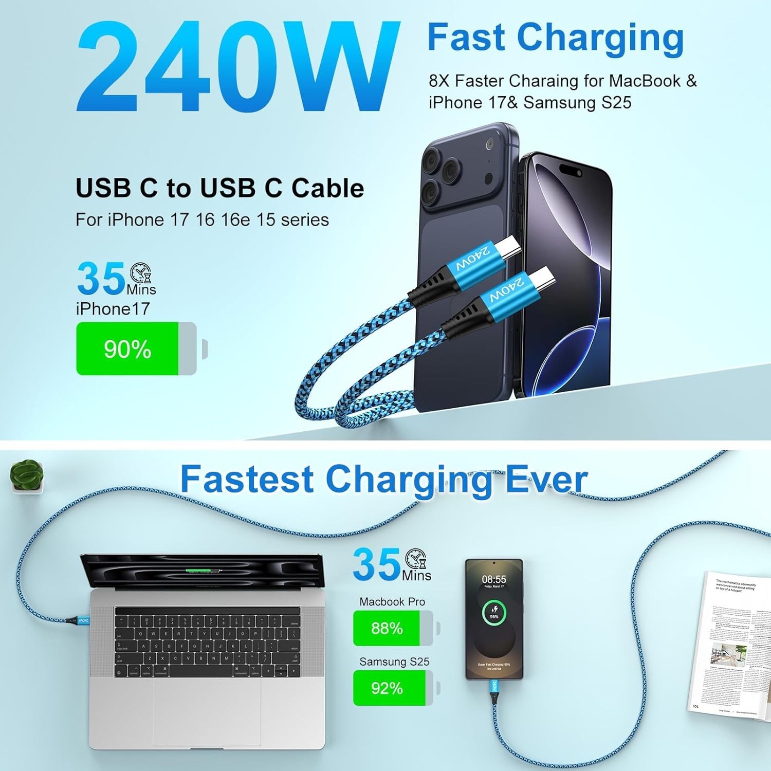 240W USB-C Fast Charger Adapter for Samsung Galaxy S26 Ultra, 3 ft Cable