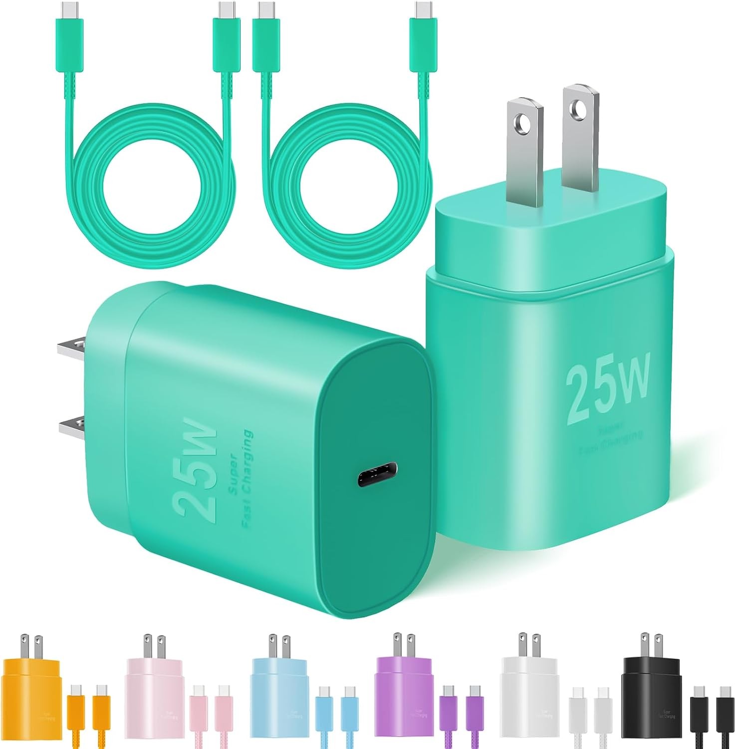 2-Pack 25W USB-C Fast Charger Block for Galaxy S25/iPhone 15 10FT & 6FT