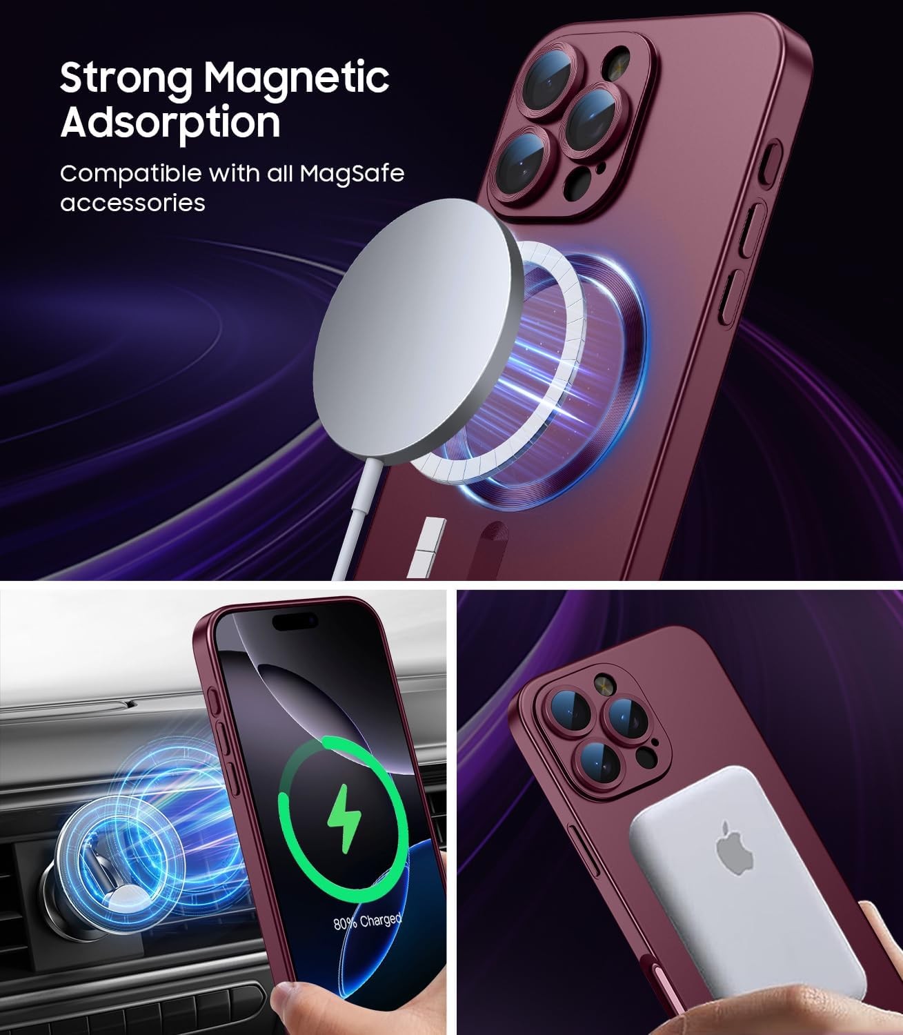 Magnetic for iPhone 16 Pro Case Slim Soft Silicone Bumper Shockproof Burgundy
