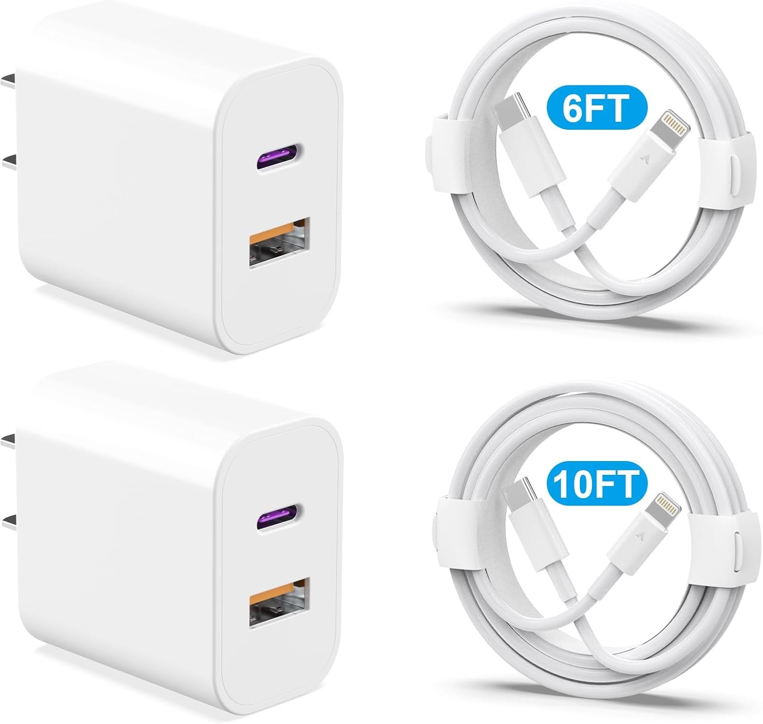 2-Pack 20W Fast Charger Block for iPhone 14/13/12/11 Pro Max with 6FT & 10FT Cab