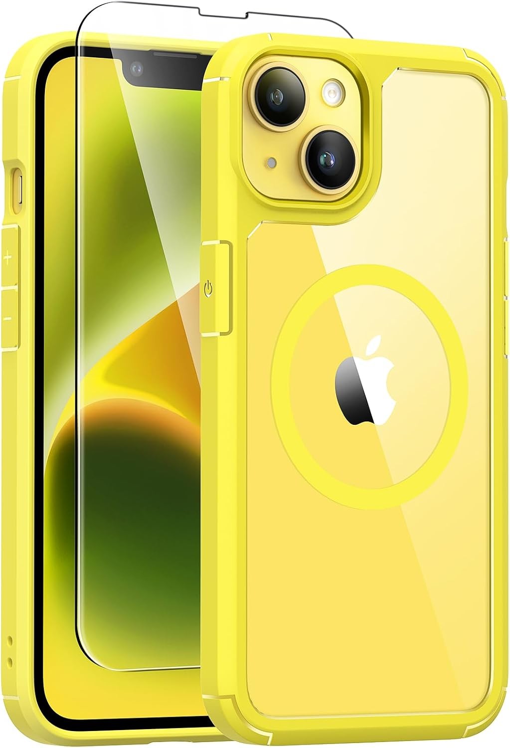 3 in 1 Magnetic Yellow Case for iPhone 14, 2X Screen Protector, Slim Military-Gr