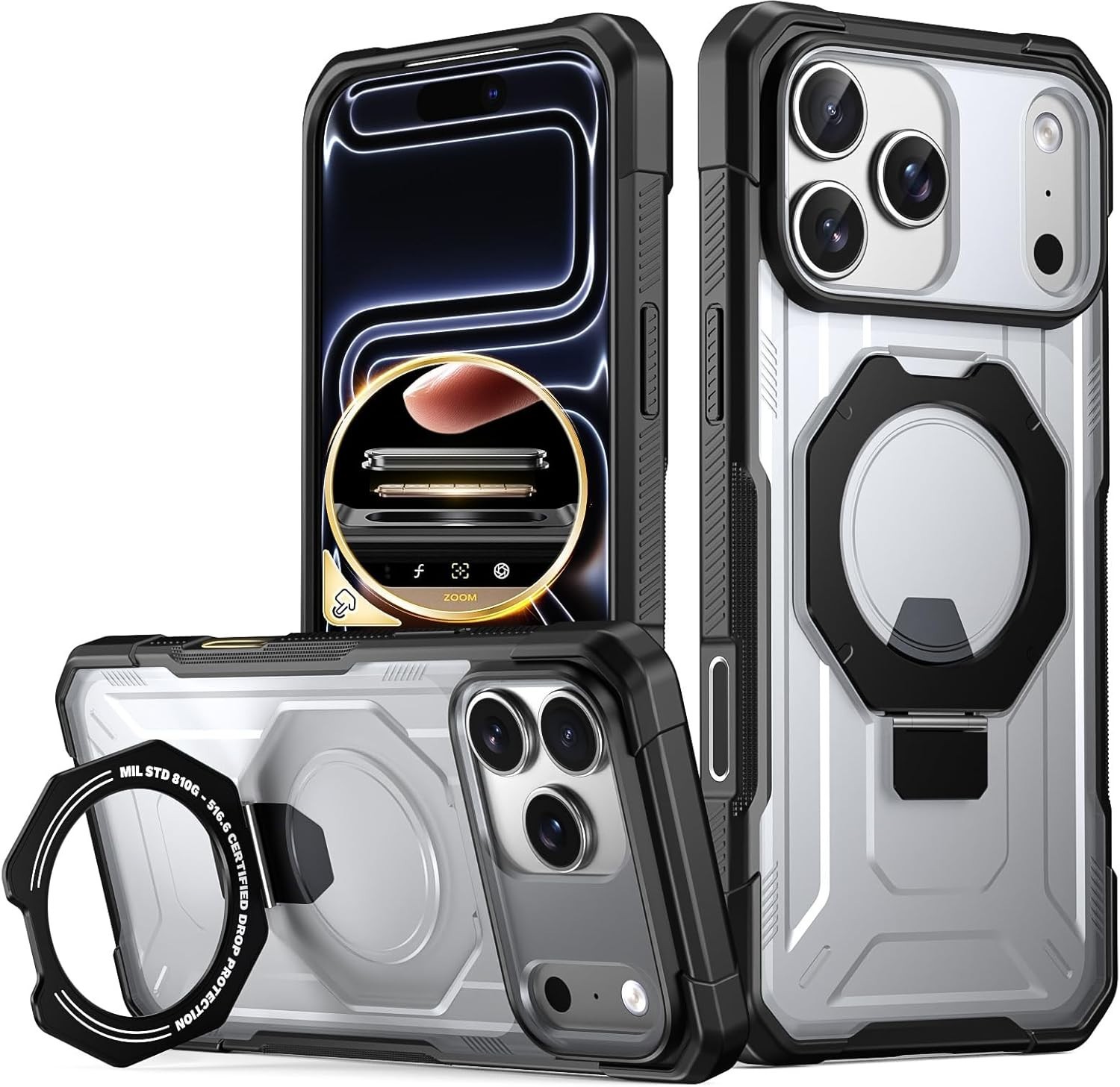 Rugged Shockproof iPhone 17 Pro Max Case with Ring Stand & Camera Control, Midni