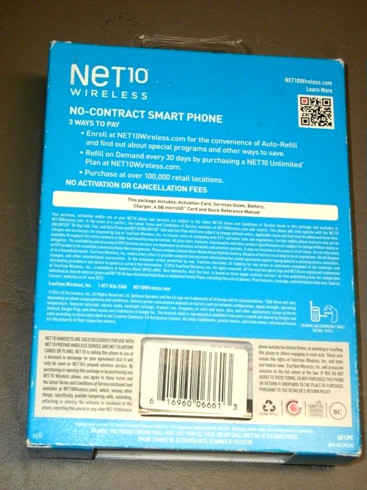Net 10 wireless prepaid phone LG optimums Black 3G Smartphone NEW