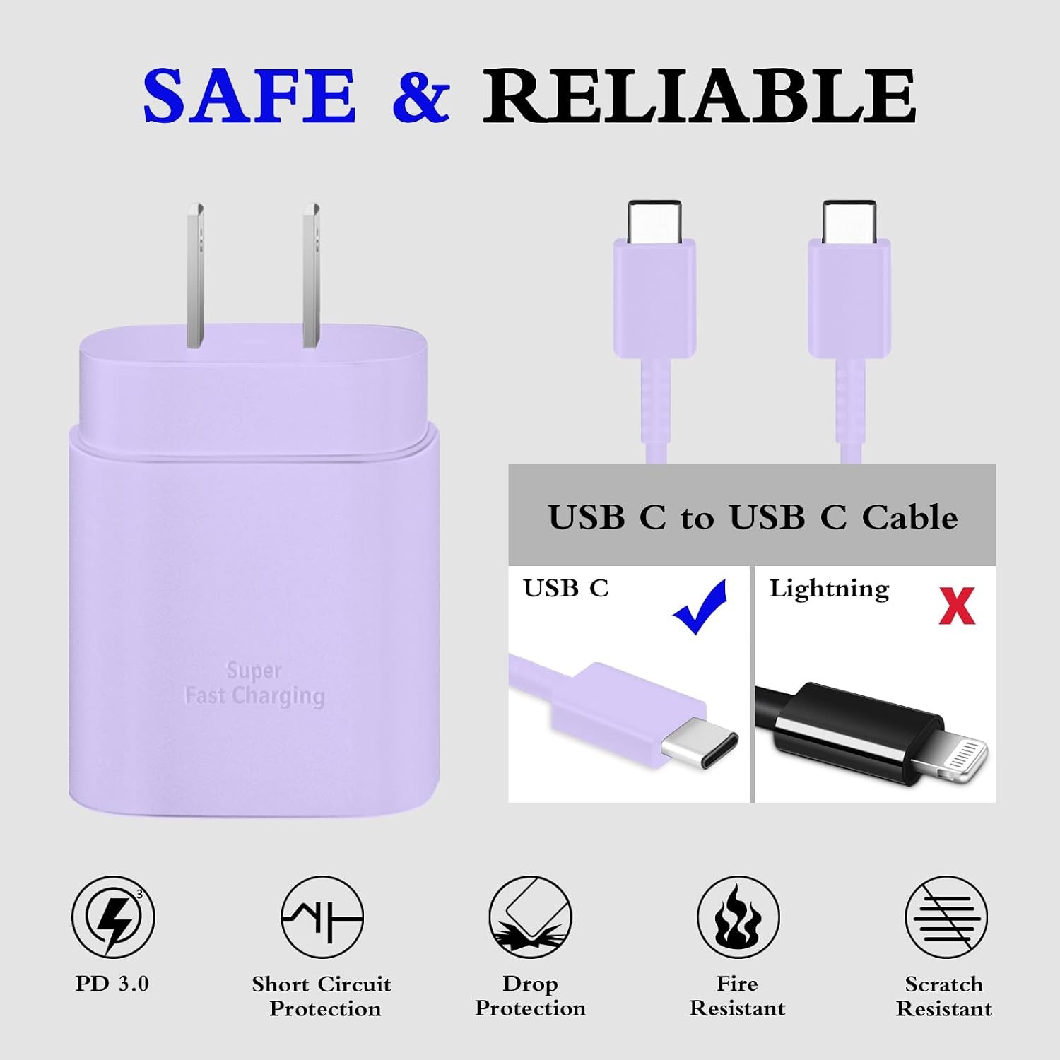 2-Pack 25W Type-C Fast Charger Block for Galaxy S23 Ultra/S23+ 6ft Cable