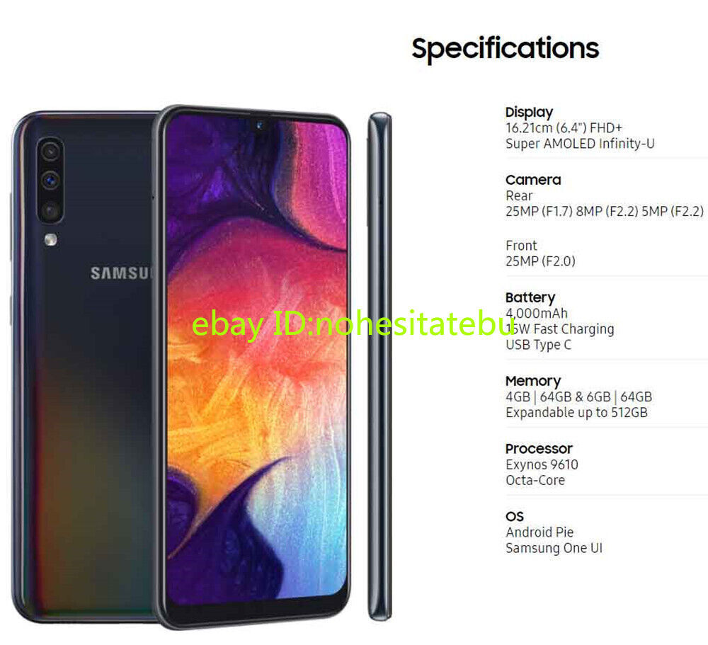 Unlocked Samsung Galaxy A50 SM-A505U1 64GB 4GB RAM New Sealed 25MP 4000mAh 6.4″