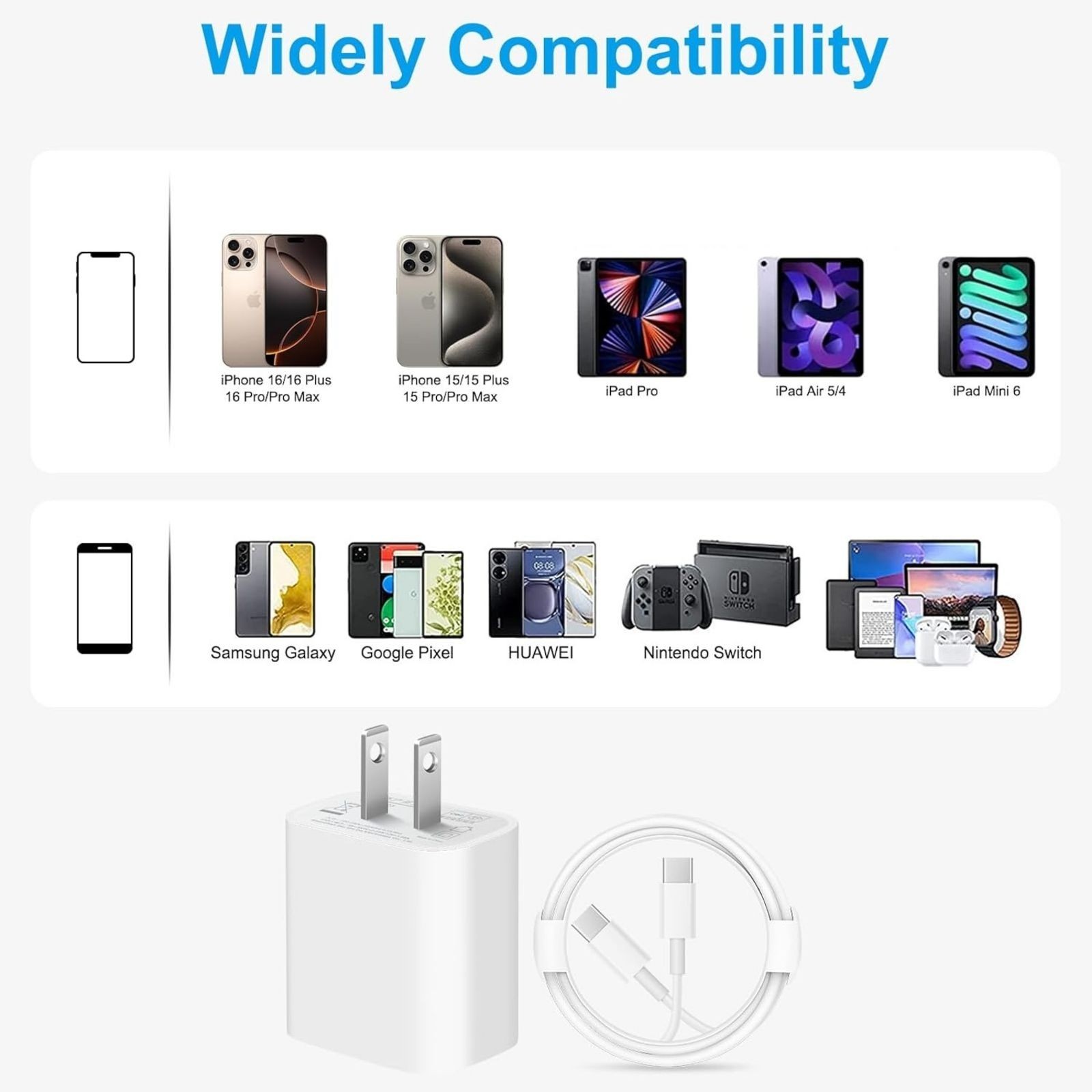 20W USB-C Fast Charger Block for iPhone 17/16 with 10Ft Cable