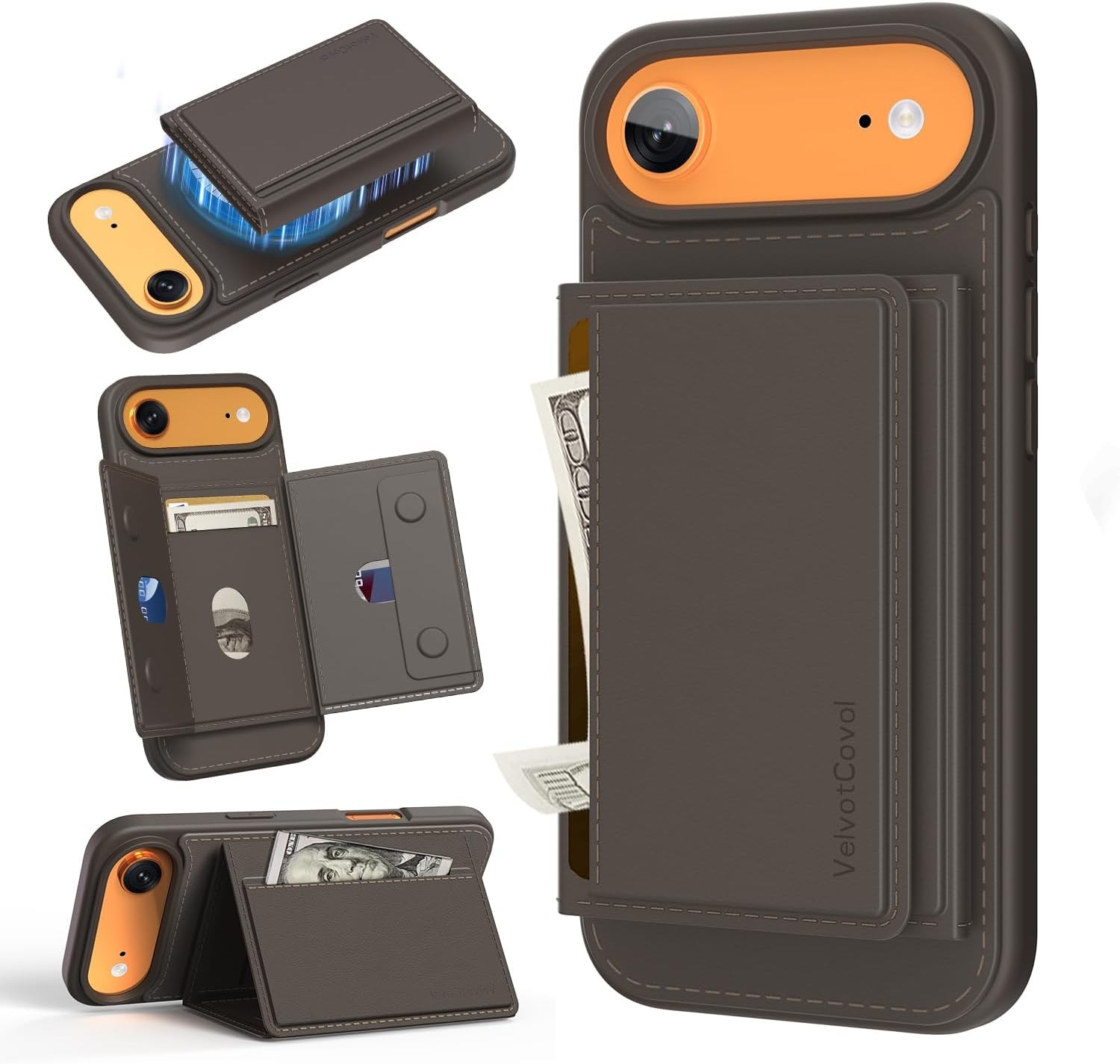 2 in 1 Detachable iPhone 17 Air Wallet Case with Card Holder, Brown