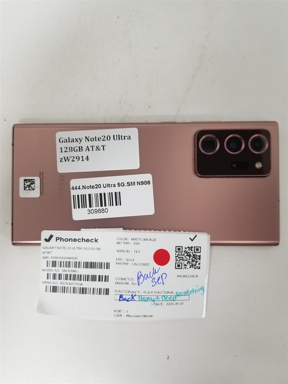 Samsung Galaxy Note20 Ultra 5g 128GB Bronze SM-N986U (AT&T) Discounted zW2914