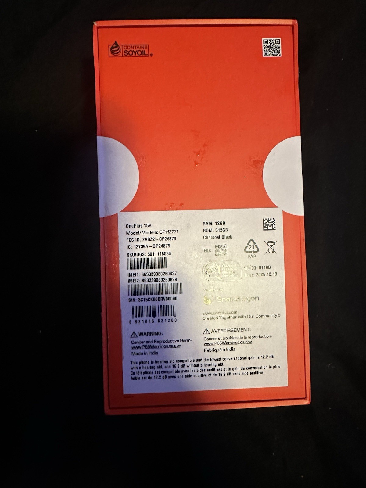 OnePlus 15R 512GB 12GB RAM Charcoal Black Smartphone (CPH2771)