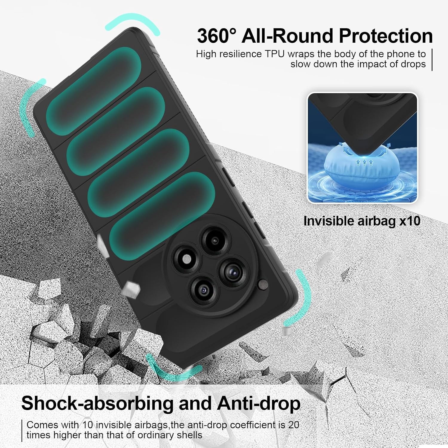 Silicone Case for OnePlus 12R, Shockproof with Camera Protection, Black
