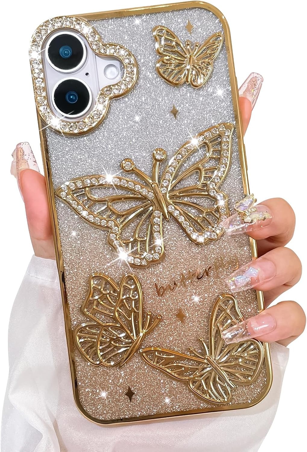1. For iPhone 17 Glitter Case, Cute 3D Butterfly Pattern Bling Slim Cover Gold