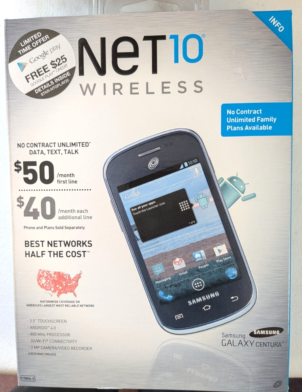 Samsung Galaxy Centura Prepaid Mobile Phone for Net 10 Wireless- Black