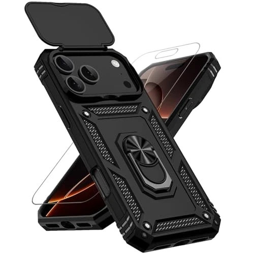 iPhone 17 Pro Max Case with Slide Camera Cover & Kickstand, Military Grade Black