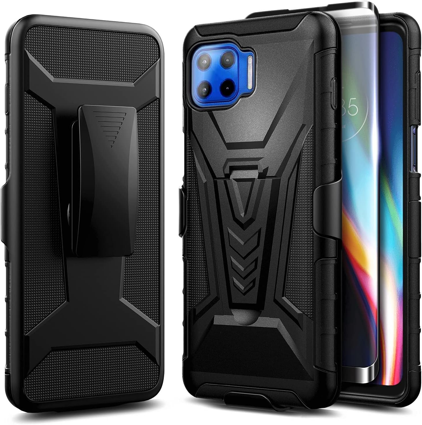 For Motorola One 5G/5G UW Case with Tempered Glass, Full Body, Belt Clip,Stand