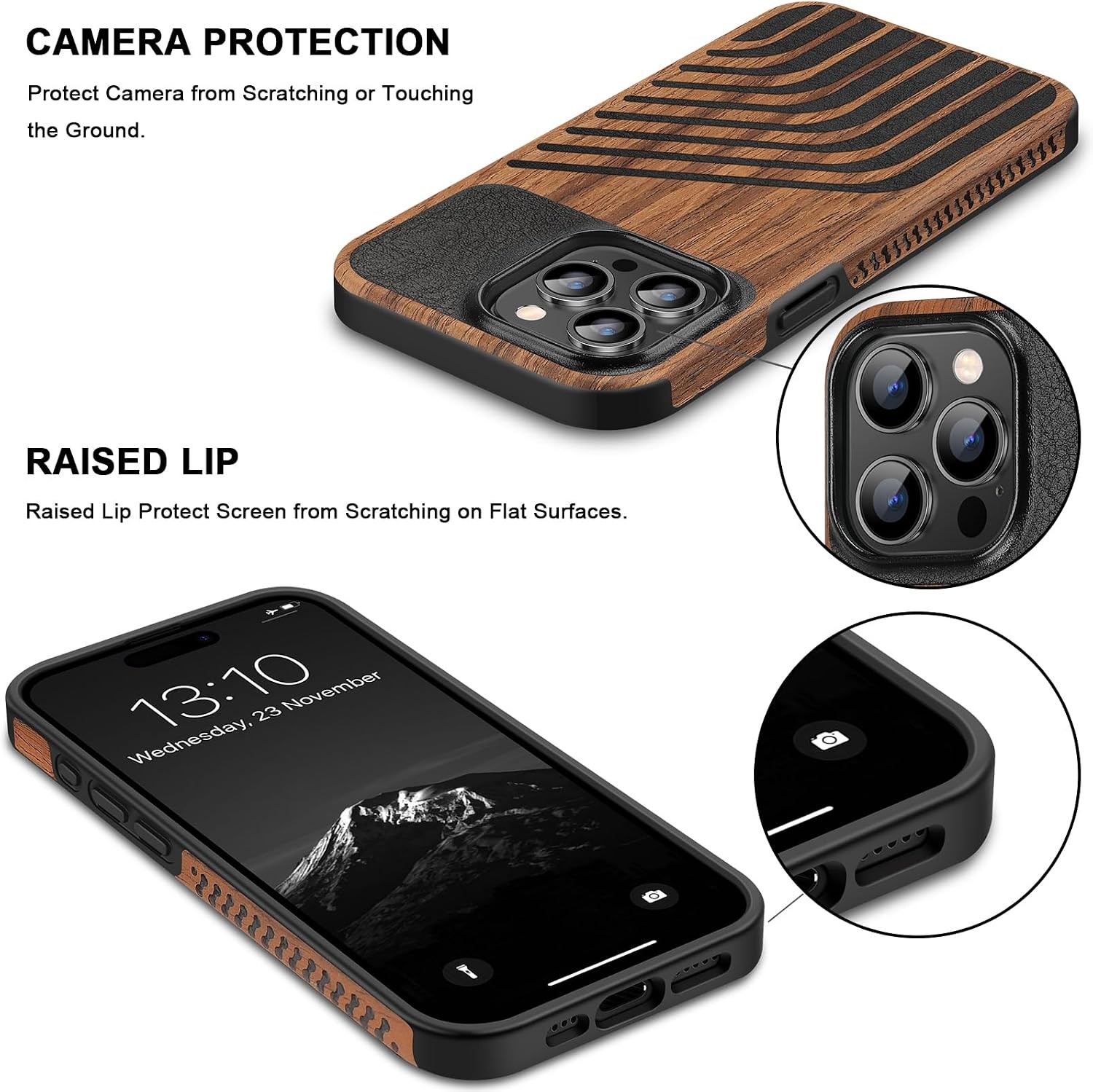 iPhone 15 Pro Case Wood Grain with Carbon Fiber Texture Design Leather Hybrid Sl