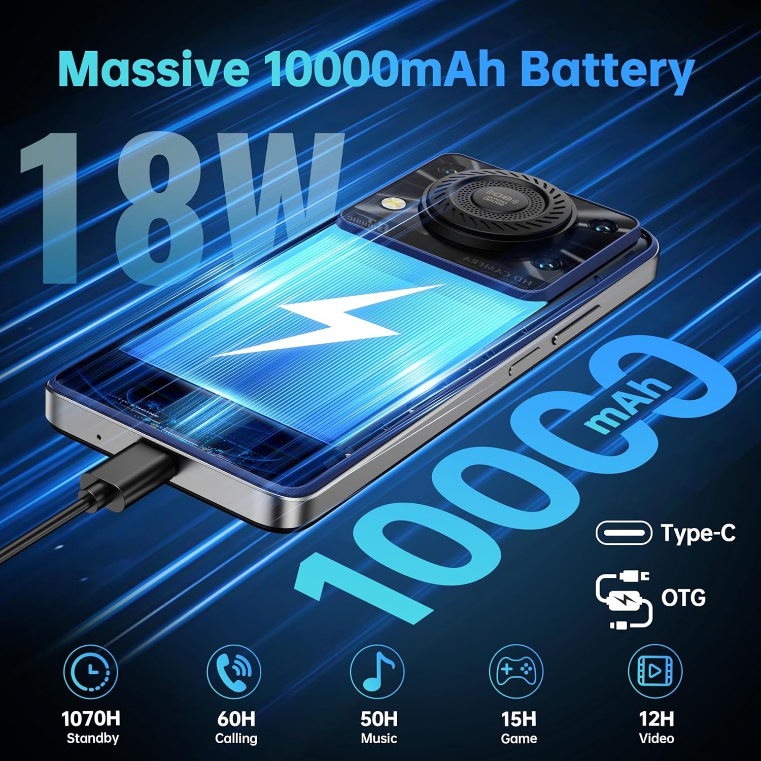 OUKITEL C60 Cell Phone Android 15 10000mAh 16GB+128GB 4G 6.9″ HD+ Smartphone