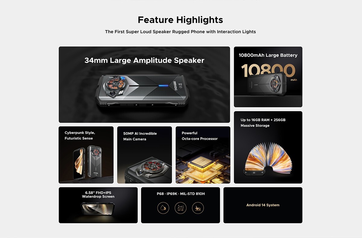 DOOGEE S Punk Rugged Smartphone LED Effect 16GB+256GB 50MP AI Cam 6.58″ 10800mAh