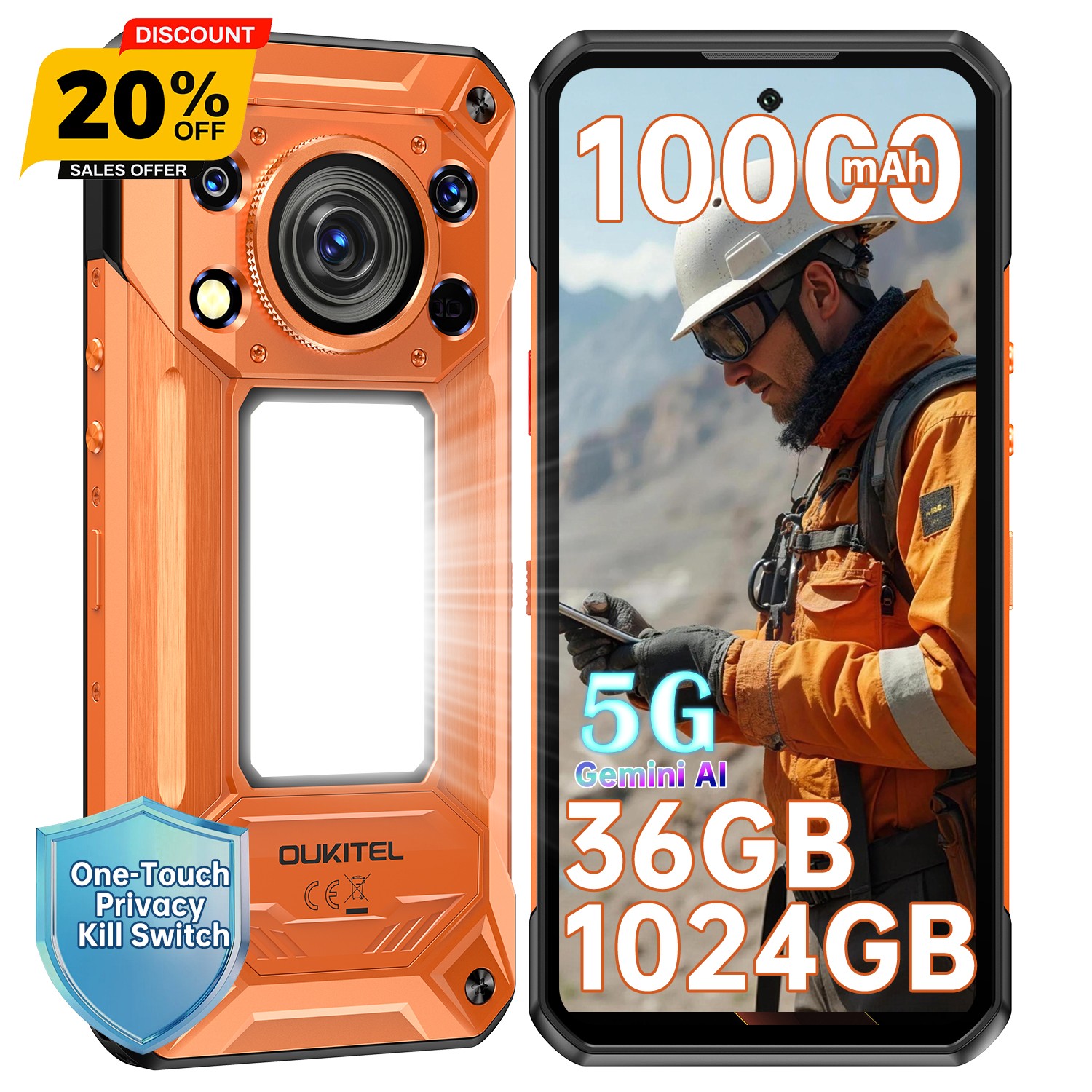 OUKITEL WP500 Rugged Smartphone 36GB+1024GB Android 16 NFC Anti Leakage Button