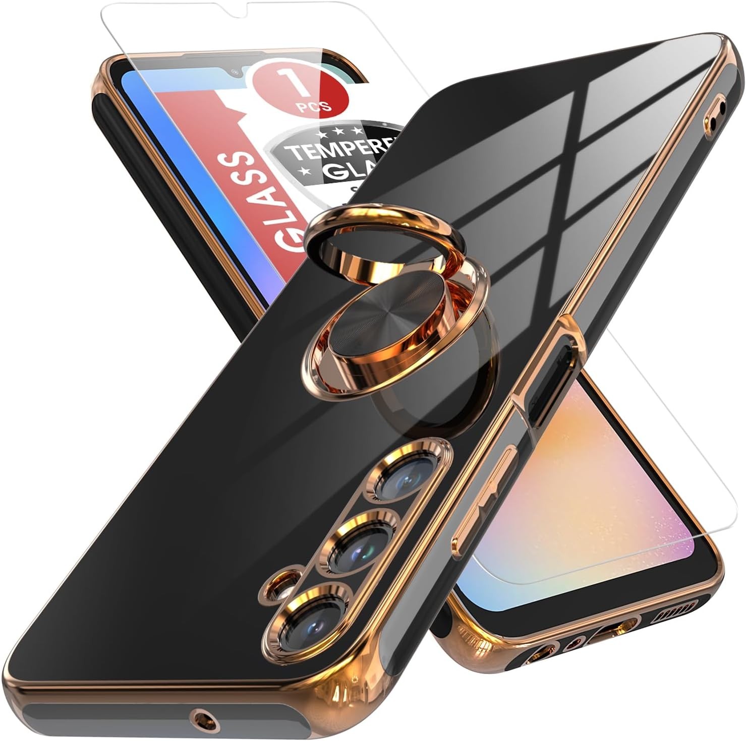 Samsung Galaxy A05S Case with Tempered Glass Screen Protector and Kickstand, Bla