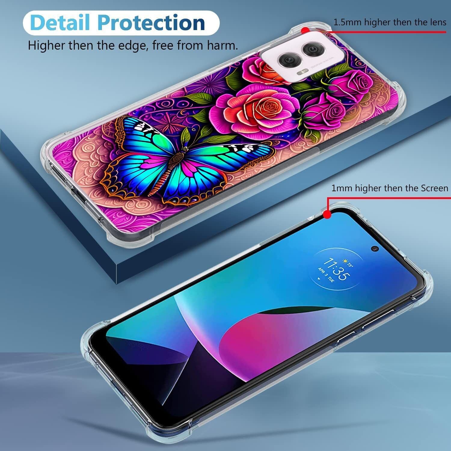 Case for Moto G Power 5G 2024, Blue Butterfly Flowers Rose Shockproof Protective