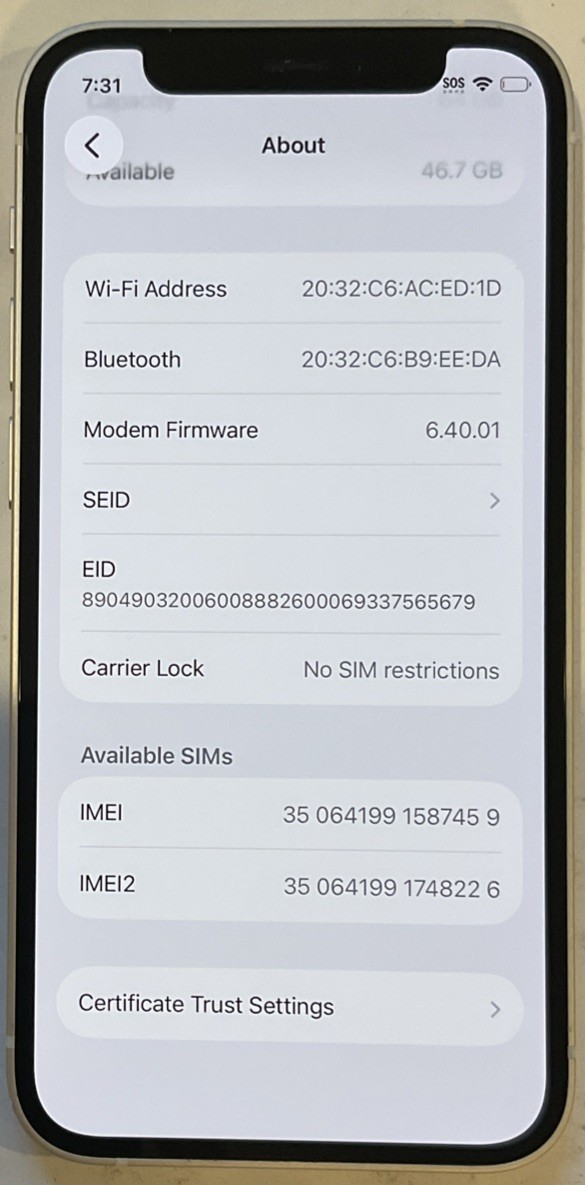 TESTED USED WHITE GSM UNLOCKED iPhone 12 MINI, 64GB A2176 MG6H3LL/A, 87% BATTERY