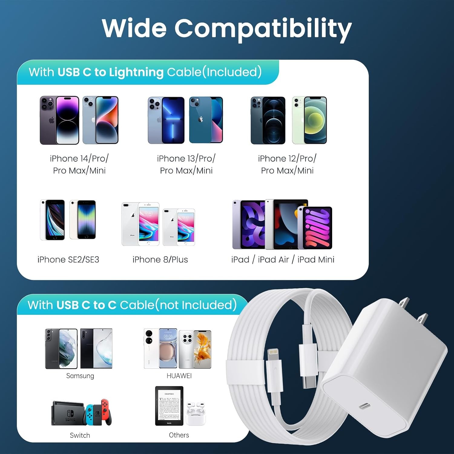 2 Pack 20W USB-C Fast Charger Adapter for iPhone 14 Pro/13 Pro 6&10FT Cable