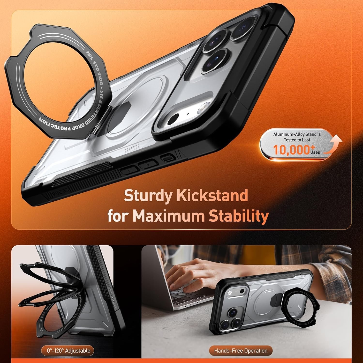 Rugged Shockproof iPhone 17 Pro Max Case with Ring Stand & Camera Control, Midni