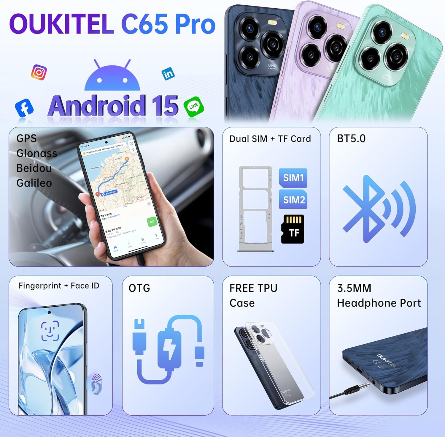 OUKITEL C65 Pro Cell Phone 24GB+256GB Android 15 Smartphone 6.7″ 5150mAh 50MP 4G